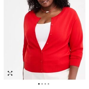 Classic Red Button-Front Crewneck Cardigan